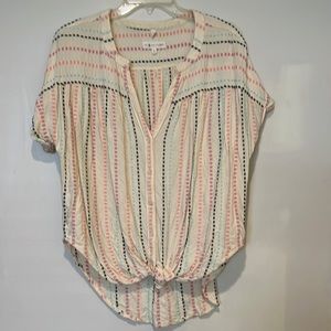 Loft split neck polka dot tie waist blouse